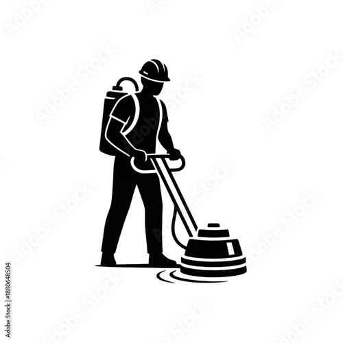 Professional Floor Cleaning Service Silhouette - Worker Using Industrial Polishing Machine and Pressure Sprayer for Commercial Maintenance Vector Illustration