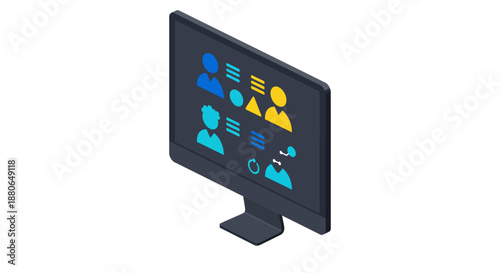 virtual team collaboration software interface on a monitor displaying professional digital networking diverse profiles and remote work management.