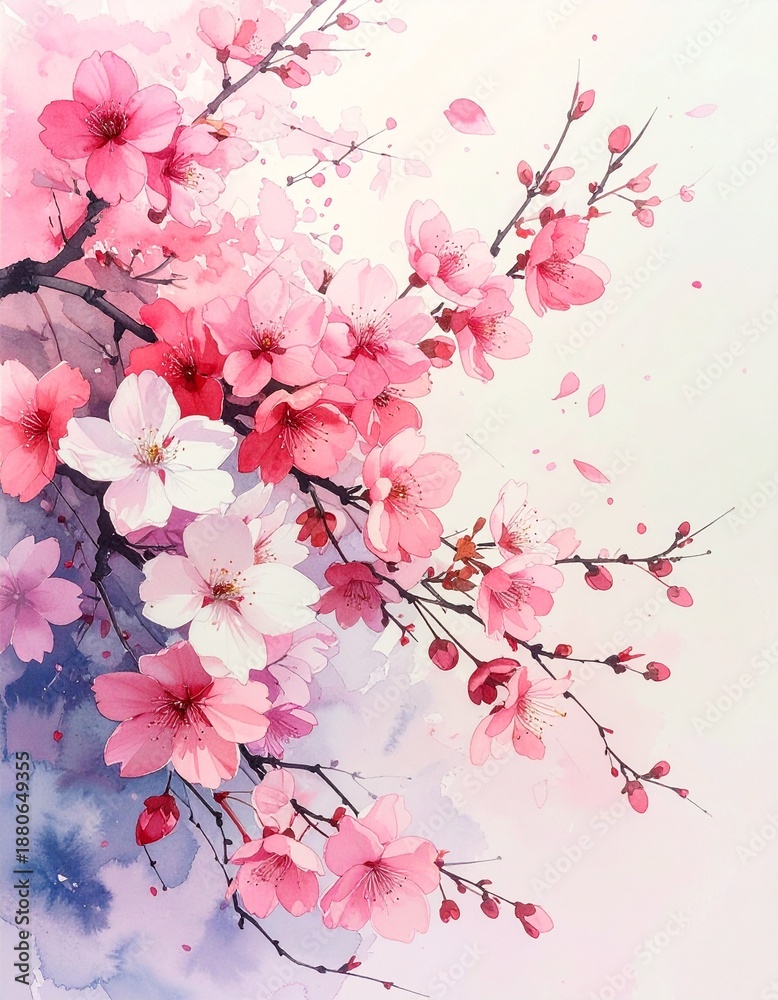 Fototapeta premium Vibrant pink cherry blossoms on a delicate branch