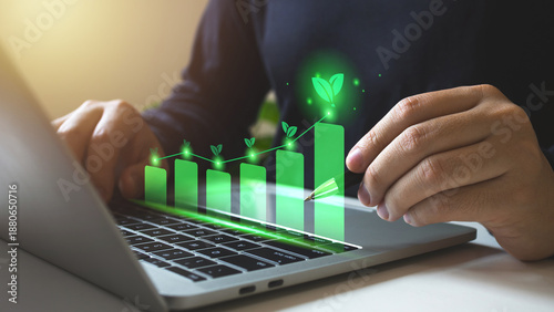 Green business responsibility sustainable environment development for net zero. Co2, Carbon footprint Emission report graph.Carbon emission reduction target, low carbon economy concept.