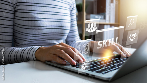 Digital courses to develop new skills, learning online concept.Woman hand using laptop computer study e-learning online education training for personal development and Professional study online.