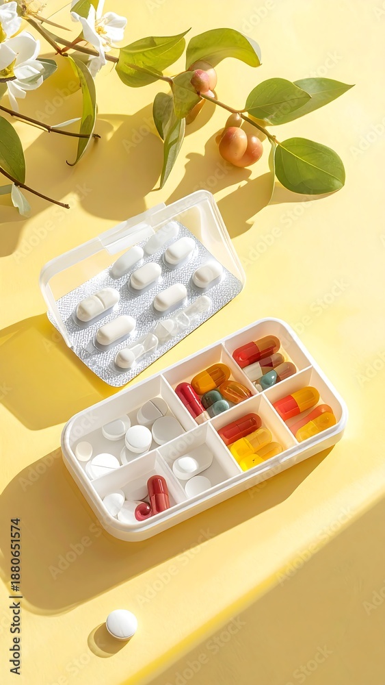 custom made wallpaper toronto digitalPills in a plastic organizer next to white blossom branches on a sunny, yellow surface in high-angle, studio shot