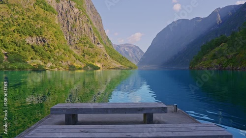 Naeroyfjord Fjord view from Gudvangen with calm blue water in Norway