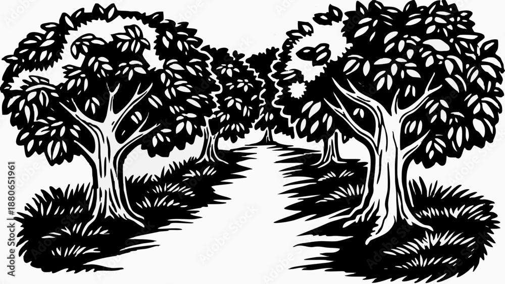 Fototapeta premium Detailed black and white vector illustration of an orchard scene with trees and grassy