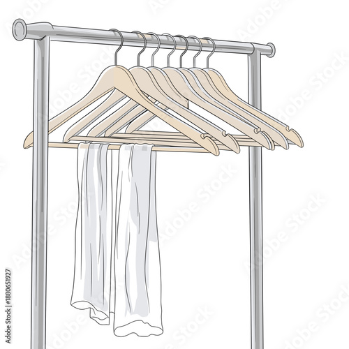 Wooden hangers displaying white garments in organized fashion setting - Concept of Fashion Week  