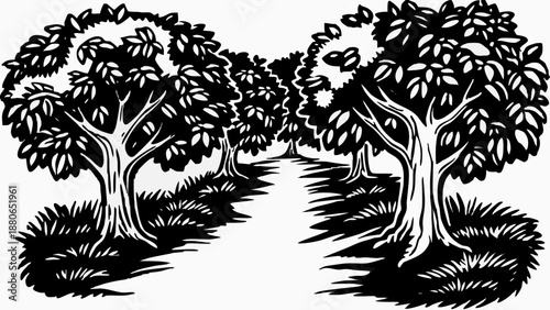 Detailed black and white vector illustration of an orchard scene with trees and grassy