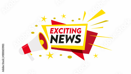 Exciting news announcement with megaphone and vibrant abstract shapes conveying