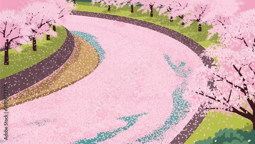 An exquisite flat design illustration depicting 'Hana Ikada,' the ephemeral phenomenon of a river surface completely covered by fallen cherry blossom petals
