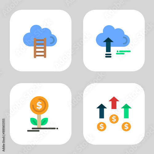 Four vector icons on a gray background. First is Cloud with a ladder, suggesting progress or access. Second is Cloud with an upward arrow, indicating upload or cloud storage. 