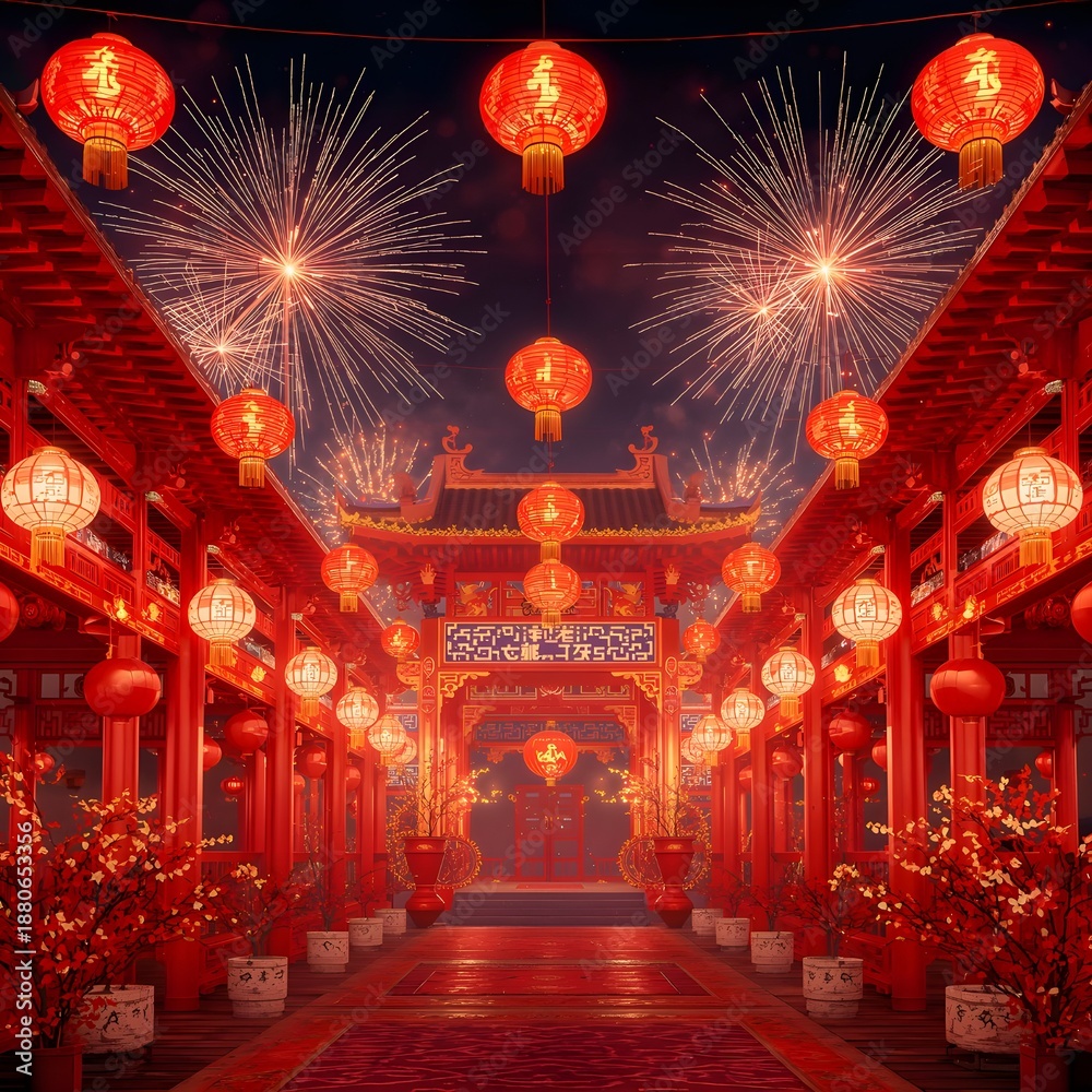 custom made wallpaper toronto digitalChinese New Year Night Celebration with Red Lanterns, Fireworks, and Traditional Chinese Temple Architecture. 