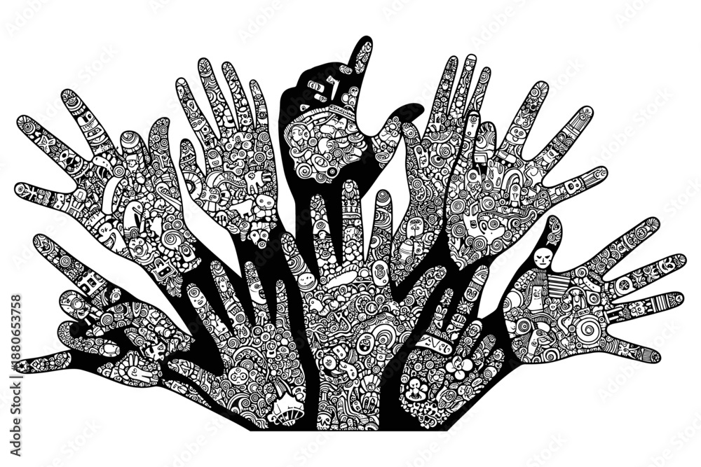 Naklejka premium A captivating intricate doodle art illustration featuring numerous hands reaching out, symbolizing creativity, community, and human connection through detailed patterns and abstract designs