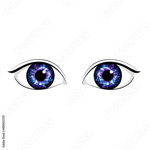 A digital illustration of futuristic eyes with iridescent blue and purple patterns resembling a sci-fi character's gaze