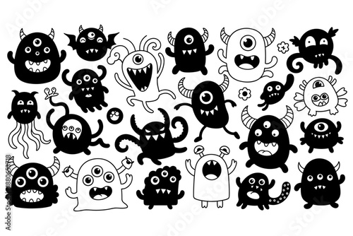 A diverse set of funny and cute cartoon monster characters, both black silhouettes and white line art, perfect for kids' designs, Halloween themes, and playful graphic projects
