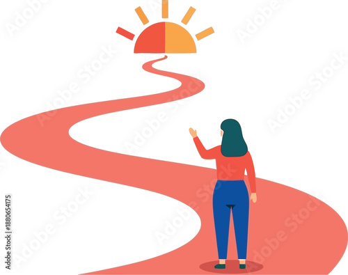 Determined businesswoman stands looking down a winding path toward a bright sunrise symbolizing the journey toward achieving ambitious goals and future success