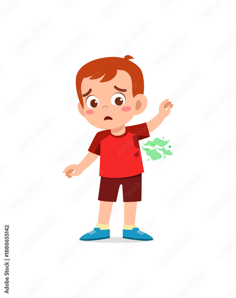 Fototapeta premium Cartoon-style boy sweating with visible armpit stains and green odor lines, showing discomfort.