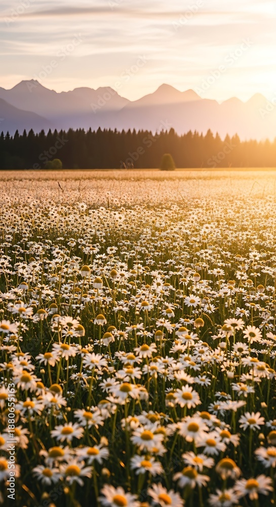 Obraz premium Expansive field of white wildflowers bathed in the warm glow of sunset near silhouetted mountains