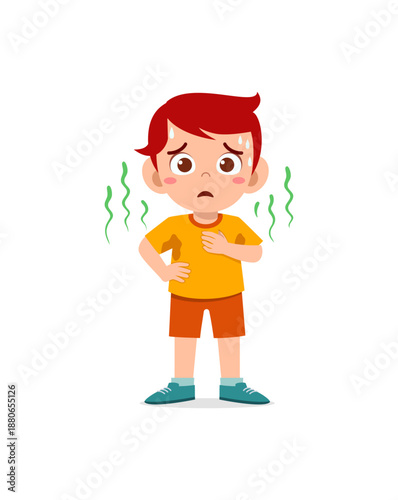 Cartoon-style boy showing discomfort and illness symptoms.
