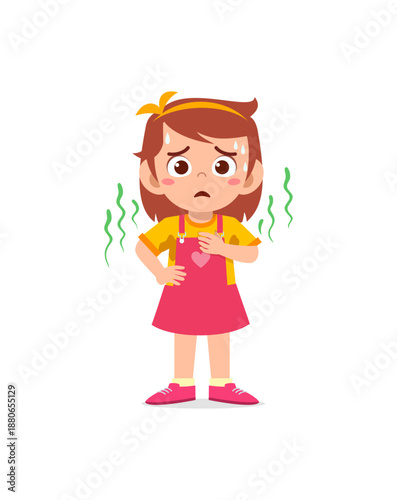 Cartoon-style girl showing discomfort and illness symptoms.