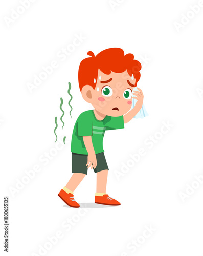 Cartoon-style boy showing discomfort and illness symptoms.