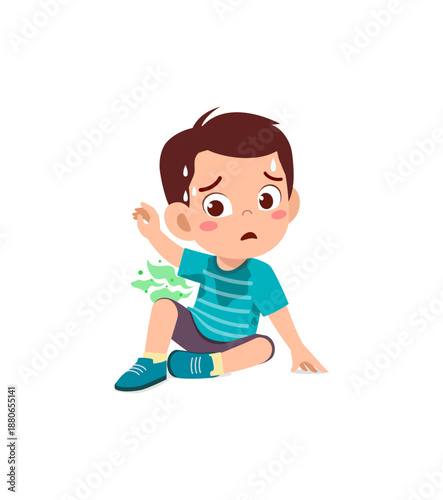 Cartoon-style boy sweating with visible armpit stains and green odor lines, showing discomfort.