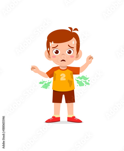 Cartoon-style child sweating with visible armpit stains and green odor lines, showing discomfort.