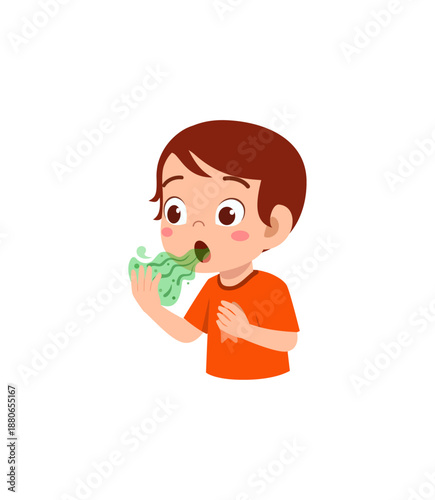 Cartoon-style boy showing discomfort and illness symptoms.