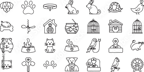 Minimalist Pet Care and Animal Accessories Line Art Icon Set