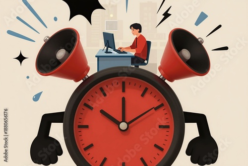Man working at desk with animated clock