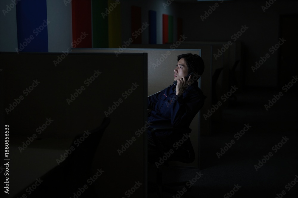 Fototapeta premium Man in office cubicle on phone