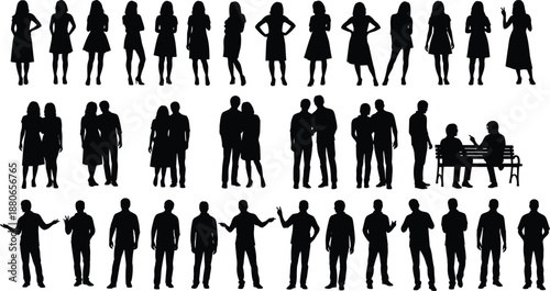 People silhouettes collection, men women standing walking talking poses, social interaction figures isolated white background vector illustration set