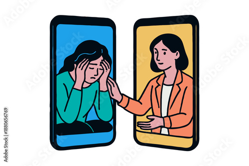 Two women interact through smartphones, one comforting the other in distress, flat cartoon style on white background, concept of virtual empathy