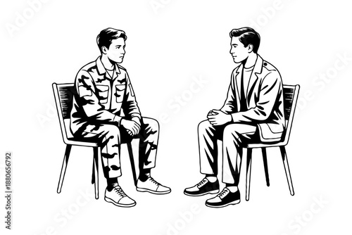 A soldier and a civilian man sitting on chairs, talking seriously, black and white hand-drawn style, white background, concept of discussion