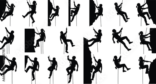 Rappelling climber silhouettes collection, men women rope descent poses, industrial safety rock climbing action isolated white background vector illustration