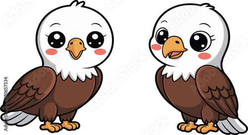 Cute cartoon bald eagle character set, patriotic American bird icons for children nature design