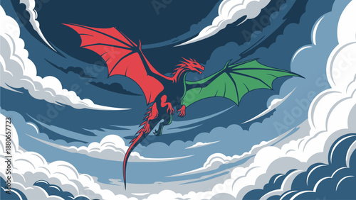 Red and Green Dragon Flying Through Clouds