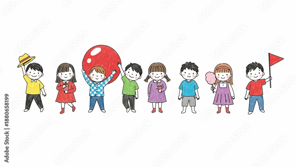 Fototapeta premium diverse children illustration showing happy kids holding various items on a white background for educational content and youth marketing