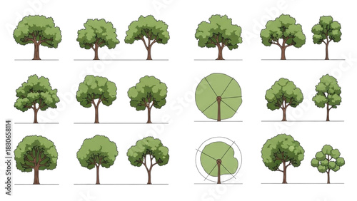 Collection of various tree illustrations displayed from different viewpoints and environments