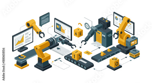 industrial automation factory technology with robotic arms and data analysis optimizing smart manufacturing processes for efficiency and innovation.
