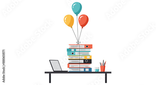 office workload relief binders lifted by balloons from a desk symbolizing efficient task completion.