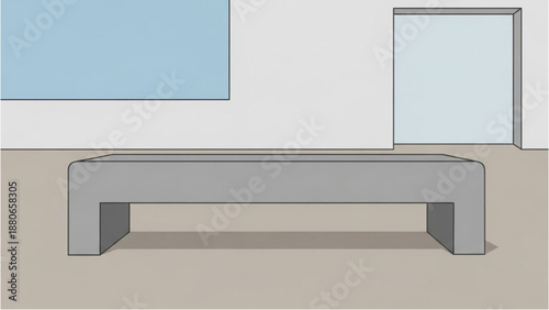 A minimalist gray bench in a simple room with white walls and a light blue rectangle on the wall viewed directly from the front