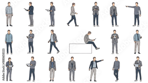 Diverse group of people in various poses and actions isolated on a clean background viewed from multiple angles