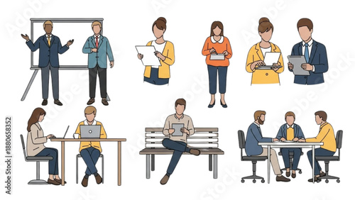Professionals engaging in various work-related activities in different settings