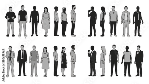 Diverse groups of people standing together in various poses and attire, showcasing different professions and interactions from a straightforward viewpoint.