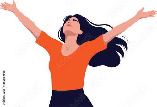 Young woman with long dark hair wearing an orange shirt raises her arms upward feeling complete freedom and joyous spiritual release