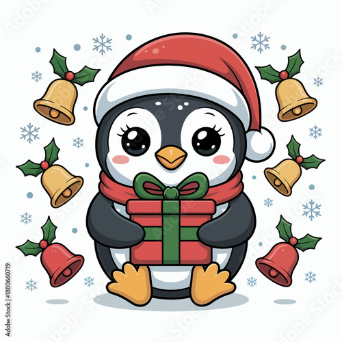 A cute penguin dressed in a Santa hat and scarf holds a wrapped gift