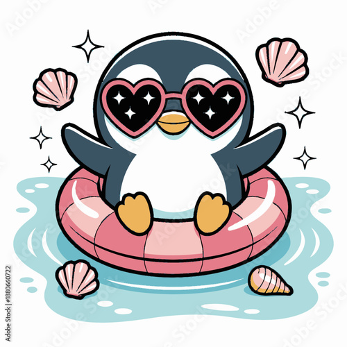 A cheerful penguin sits in a pink floaty, stylishly wearing heart-shaped sunglasses