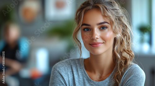 A young woman with a radiant smile, showcasing confidence and positivity in a cozy, modern setting. Free Download A young woman with a radiant smile, showcasing confidence and positivity in a cozy, modern setting. - GFXLoad
