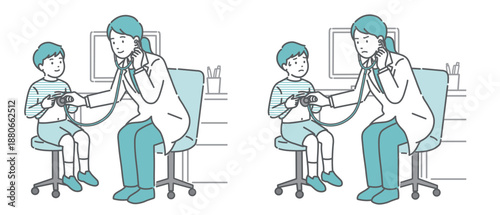 白衣の女性医師による男の子の聴診イラストセット（正常・異常/体調不良）