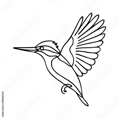 Dibujo de línea continua de un martín pescador con alas abiertas volando 