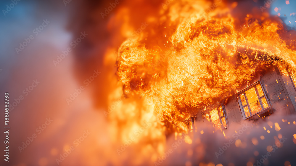 Fototapeta premium An intense fire engulfs a house, showcasing flames and smoke as they rise dramatically into the sky.